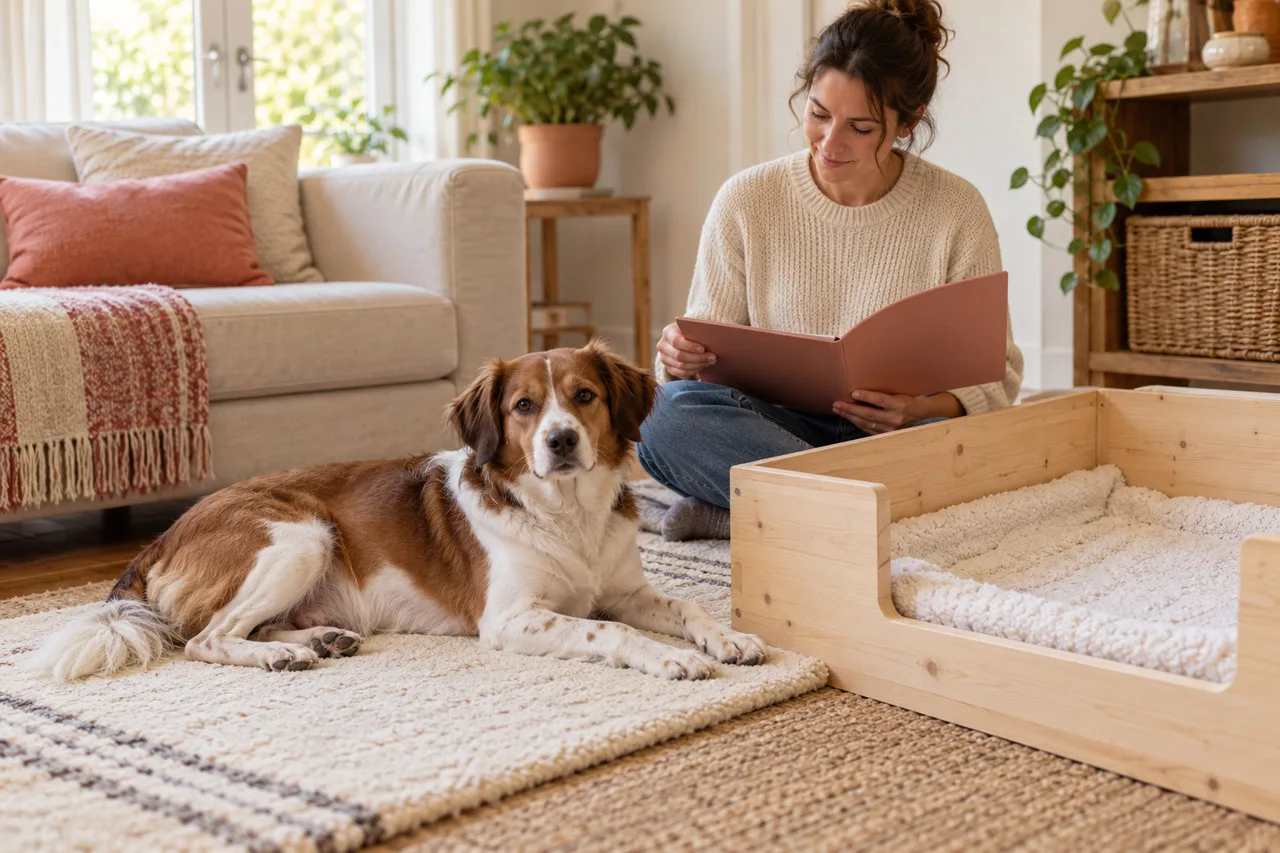 Owner reading a folder beside a resting dog and a prepared whelping box
