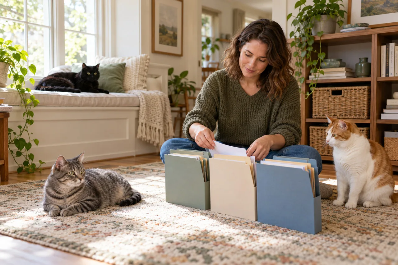 Owner organizing folders with several cats nearby